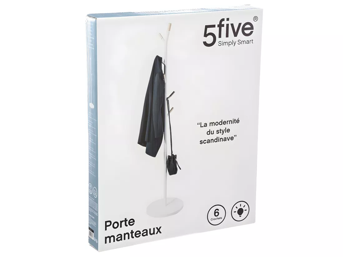 Porte-manteaux en Bois et Métal Blanc 6 Patères H 175.5 cm