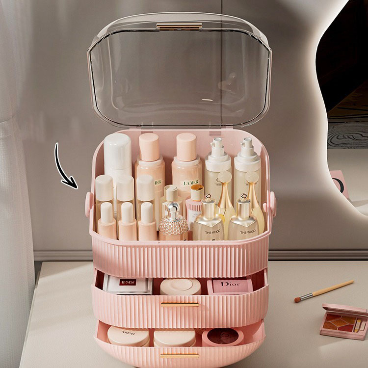 Make Up Organizer Schminktisch Kosmetik Aufbewahrung mit Deckel / Schubladen / Tragegriff - Rosa / Transparent