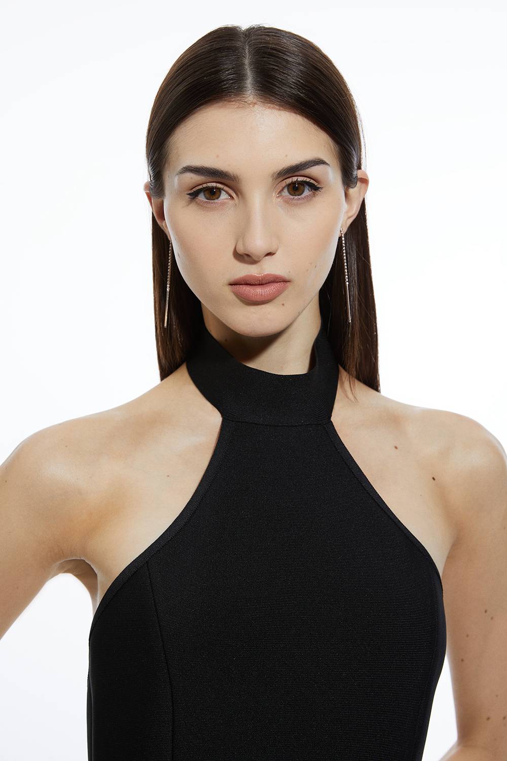 KarenMillen Robe Mi-Longue Tricot Halter à Ourlet Volants et Coupe Bandage Petite Taille