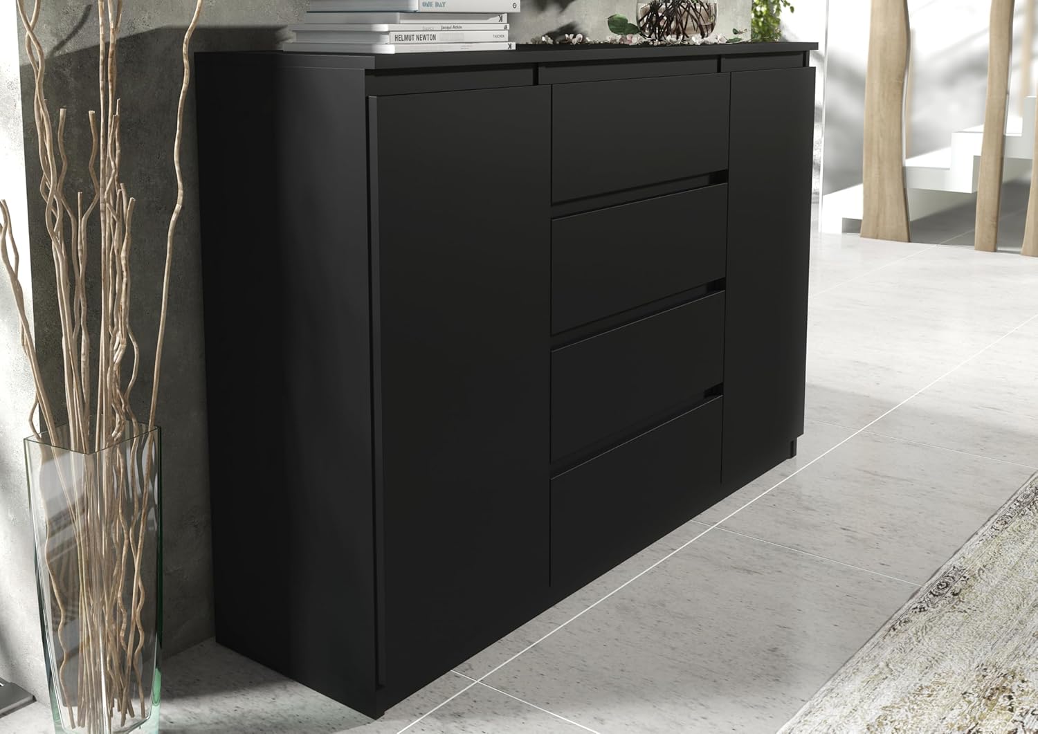 meble masztalerz Kommode Matt mit 4 Schubladen und 2 Türen 140 cm, Sideboard Wohnzimmer, Schlafzimmer H: 101,5 cm, B: 138,6 cm, T: 39 cm Kommode mit Schubladen, Schubladenschrank (Schwarz)