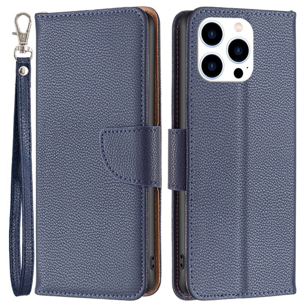iPhone 14 Pro Leder Tasche Flip Cover im Litchi Look mit Kartenfach   Handschlaufe - Dunkelblau