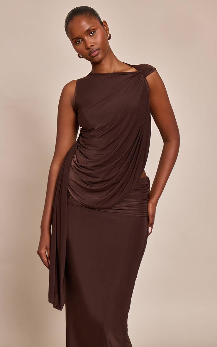 Chocolat Haut Drapé Asymétrique Une Épaule En Tissu Slinky