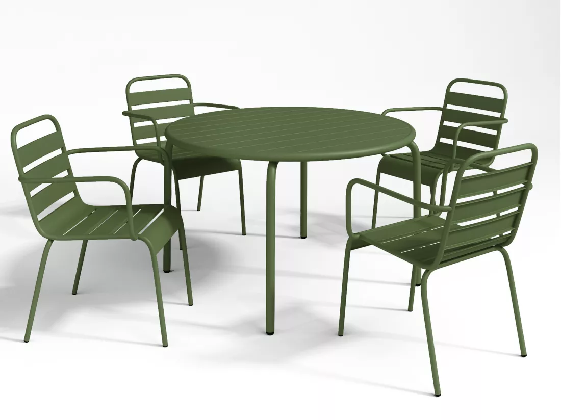 Salle à manger de jardin en métal - une table D.110 cm et 4 fauteuils empilables - Kaki - MIRMANDE de MYLIA