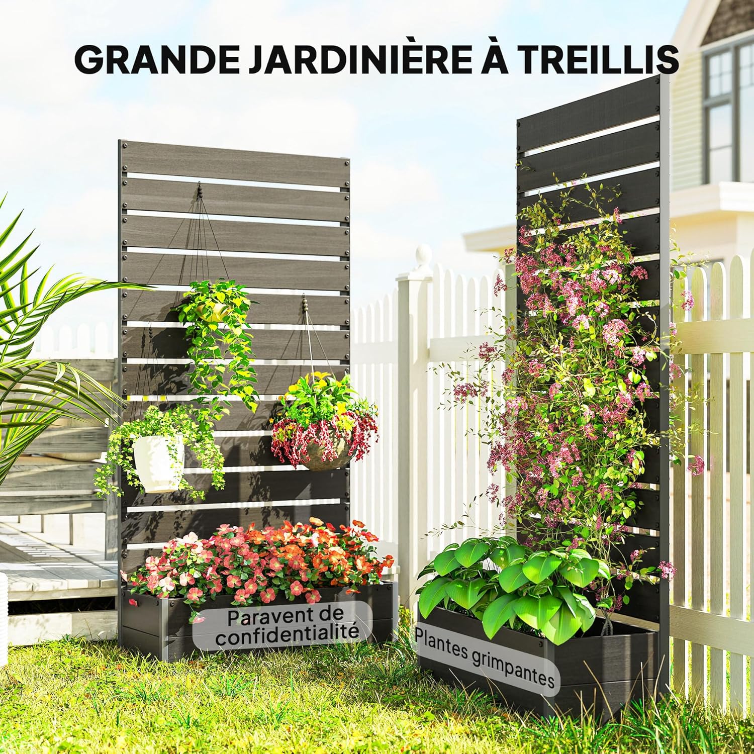 Outsunny Blumenkasten mit Rankgitter, Gartenhochbett, Outdoor-Blumenkasten für Kletterpflanzen, rechteckiger Blumenkasten Pflanzentopf für Balkon Terrasse Patio, 90,5x38x180 cm, schwarz