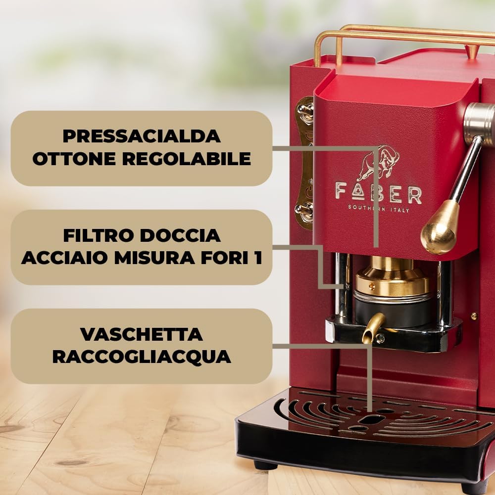 FABER COFFEE MACHINES | Modell Pro Mini Deluxe | Kaffeepadmaschine für 44 mm ESE-Pads | Einstellbare Padpresse aus Messing (CHERRY RED)