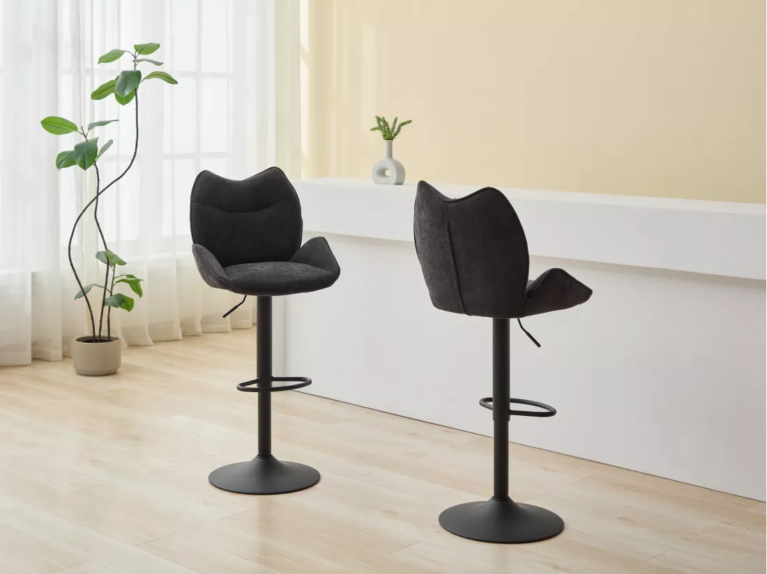 Lot de 2 tabourets de bar en tissu et métal noir - Hauteur réglable - Noir - LILAYA