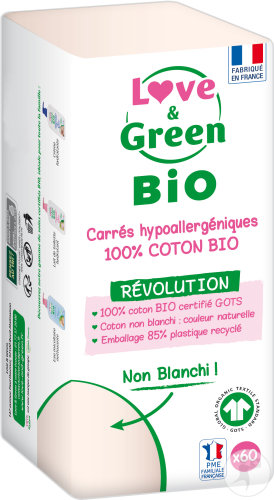 Love&Green Carrés Hypoallergéniques 100% Coton Bio Non Blanchis 60 Carrés