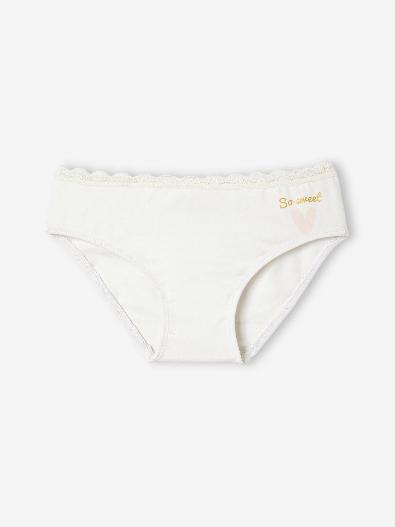 Pacote com 5 calcinhas lilás com estampa de corações para meninas.