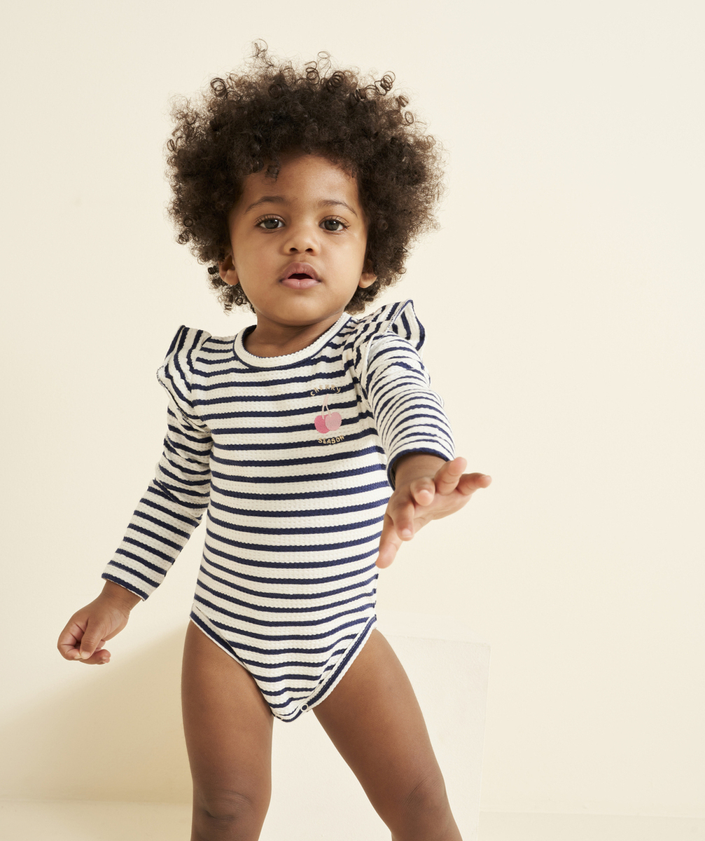 body bébé fille en coton bio à rayures et broderies cerises
