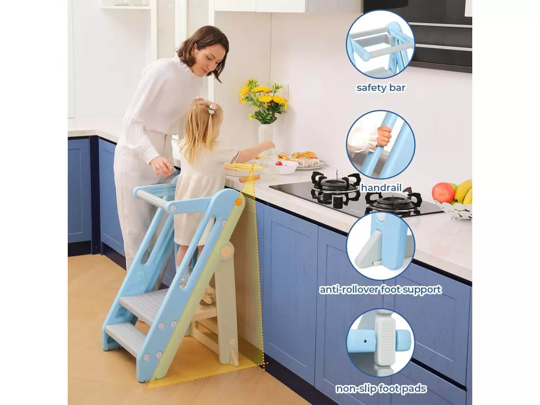 Onasti Chaise Haute Bébé HDPE,Tour d'Apprentissage 18 mois-6 ans Hauteur Réglable,Repose-pieds Antidérapants,Pliable,Sécurité - Bleu
