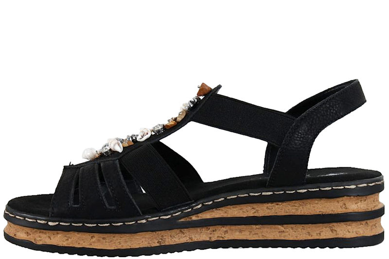 RIEKER SANDAL I SORT PU MED PYNTESTEN