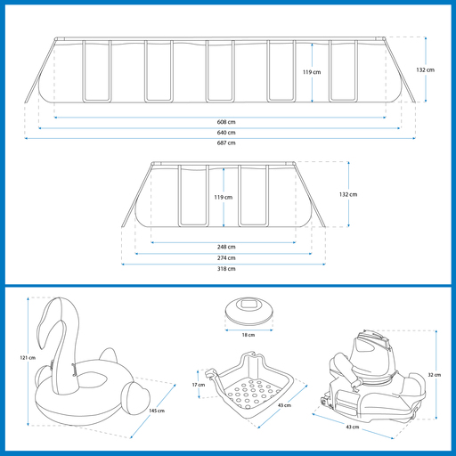 Conjunto para piscina retangular Bestway 640x274x132 cm com acessórios e limpador de piscina.