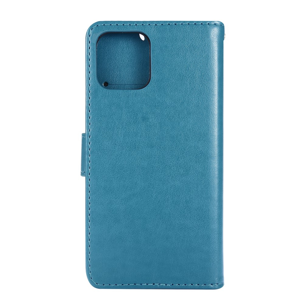 iPhone 12 / iPhone 12 Pro Leder Tasche mit Kartenfach   Handschlaufe Butterfly Flowers - Blau