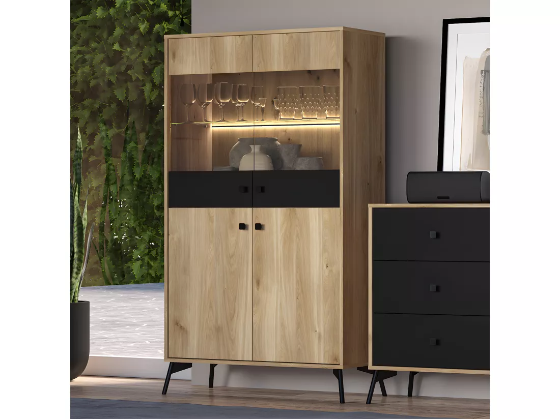 Vaisselier 4 portes LED Elara Bois et Noir