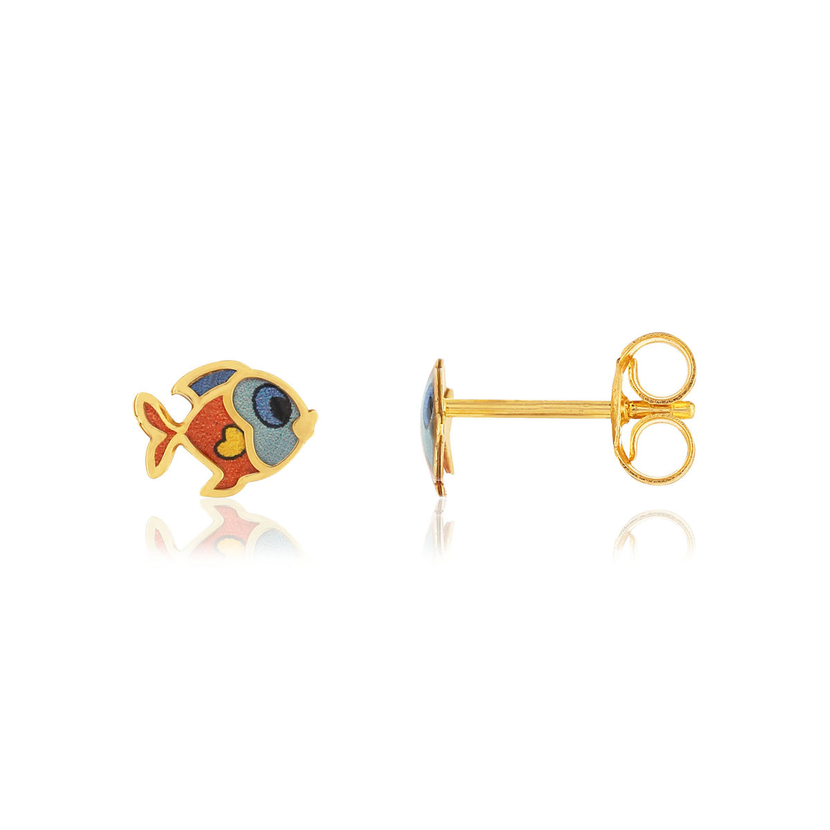 Boucles d'oreilles or jaune 375, laque. Motif poisson.