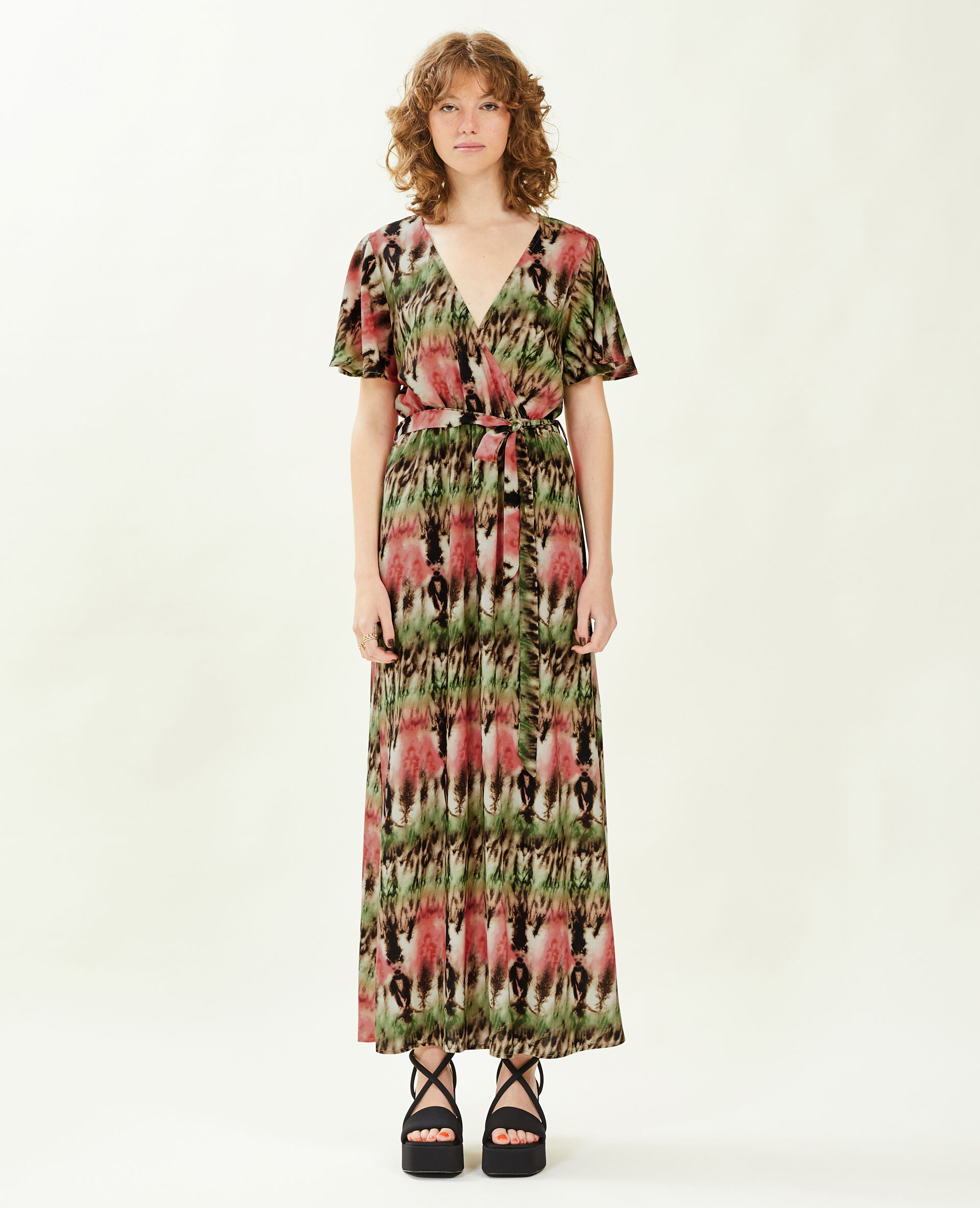 Robe longue encolure croisée - Vert kaki