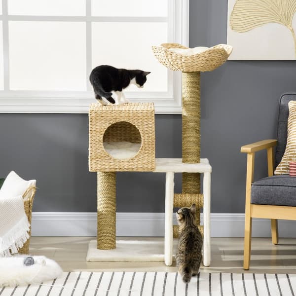 Kløestolpe 100,5H cm, kattetre med kattehule, seng, kattetrapp med sisal skrapestolper, pute, for små katter, naturlig
