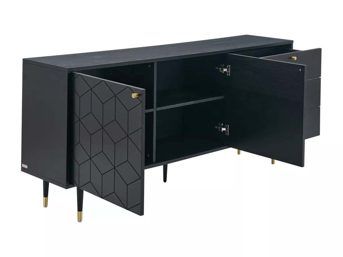 Buffet avec 2 portes et 3 tiroirs placage chêne - Noir et doré - PARIOMA