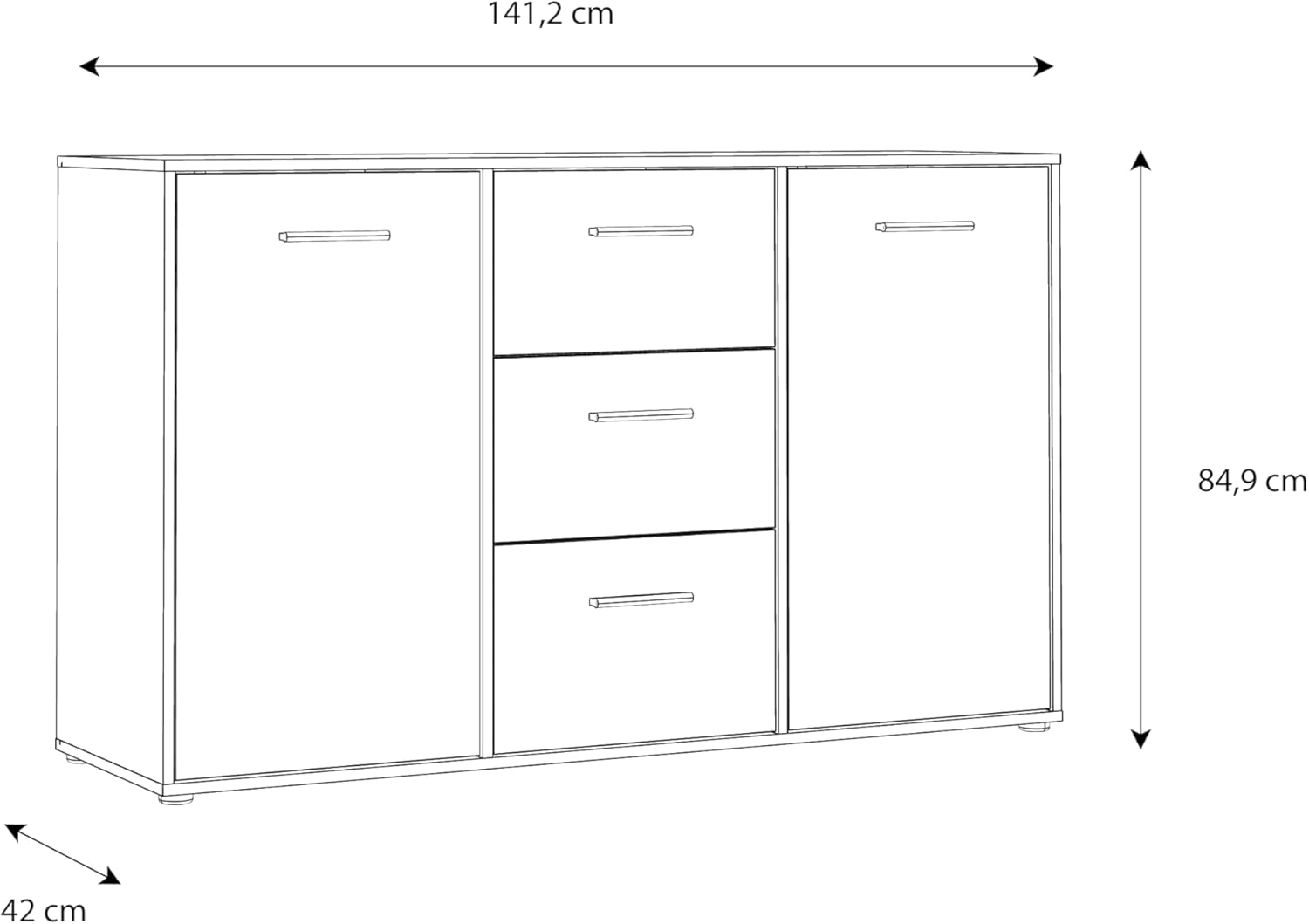 Forte MOKKARO Sideboard mit 3 Schubladen und 2 Türen, Holzwerkstoff, Catania Eiche/Schwarz, B x H x T: 141,2 x 84,9 x 42 cm