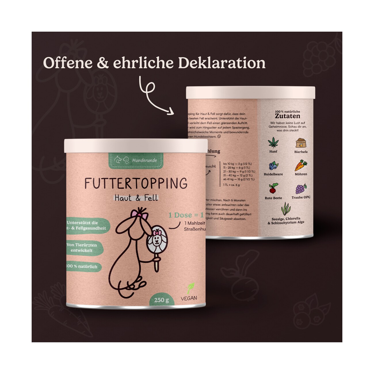 Hunderunde Futtertopping - Haut & Fell - Glänzendes Fell, Gesunde Haut, Natürliche Zutaten, vegan 250 g