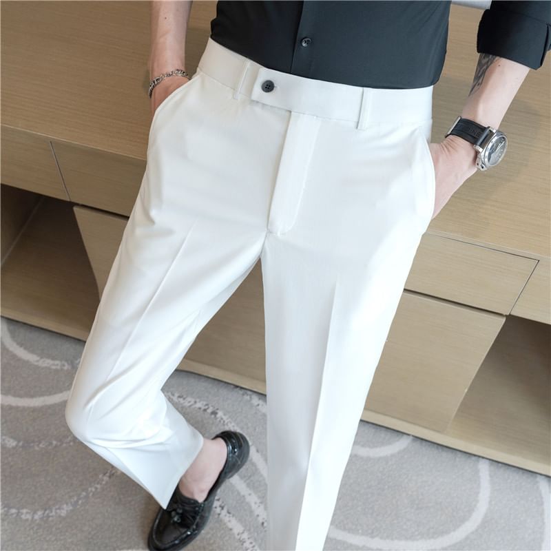 Lefitt - Mid Rise Plain Cropped Straight Leg Dress Pants