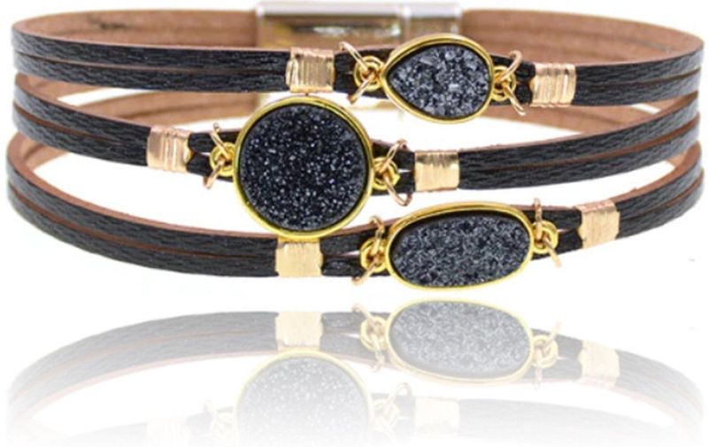 Armband - Zwart - Goud - Leren - Metaallegering Sluiting