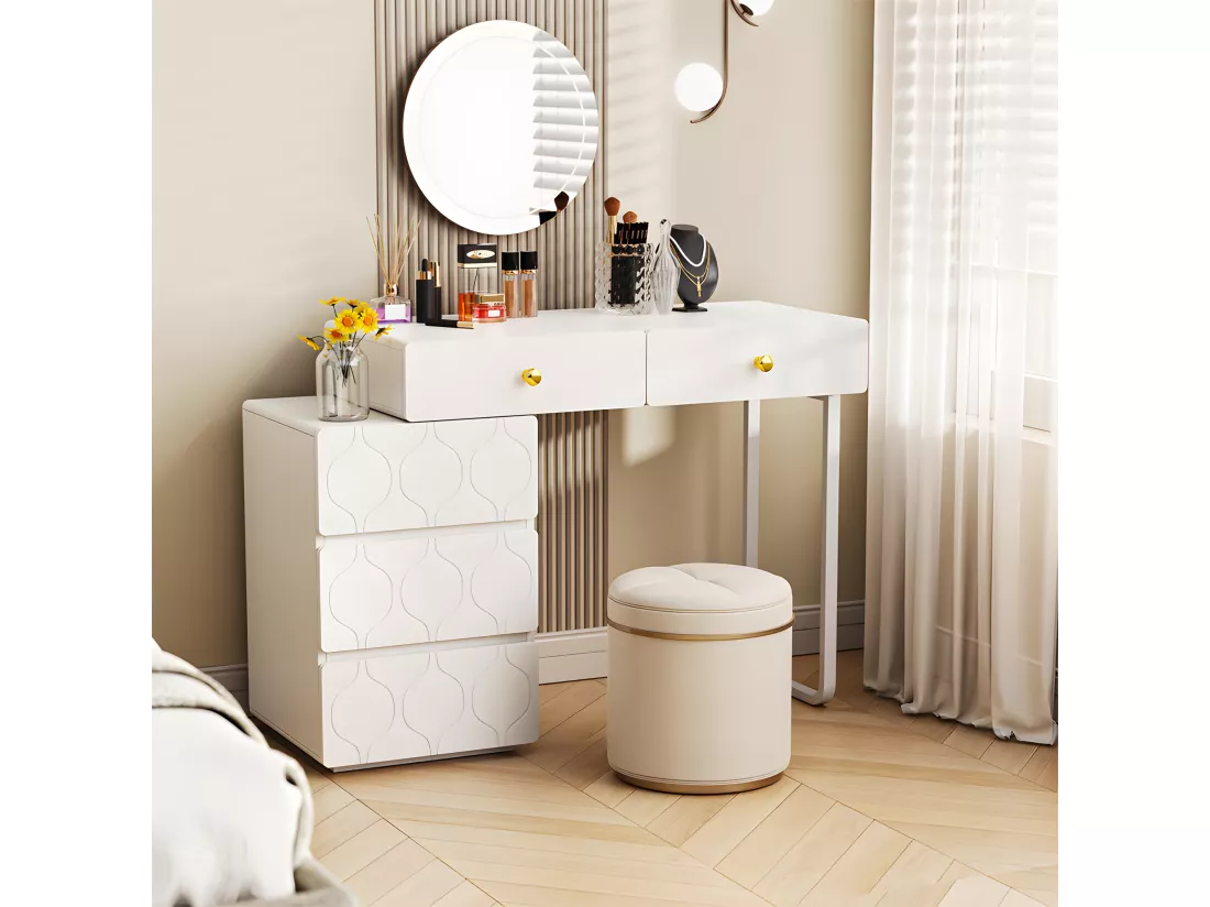 Coiffeuse extensible à motif ondulé - avec 5 tiroirs - façades laquées - Blanc(sans miroir ni tabouret)