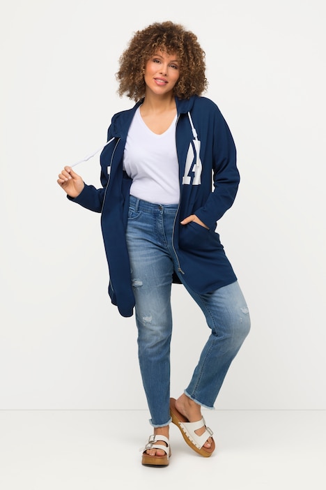 Long-Sweatjacke, Schriftmotiv, Kapuze, Knotenband