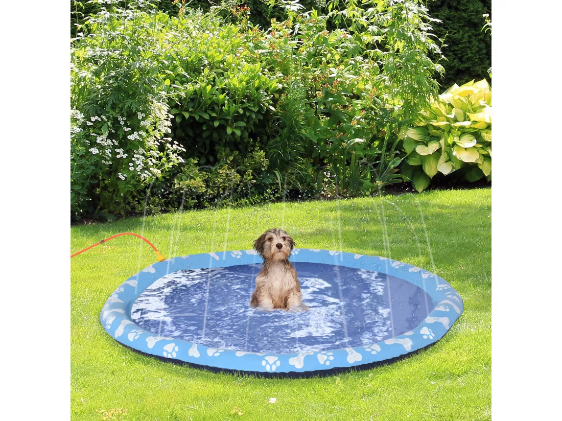 Piscine tapis à jet d'eau pour chien - Ø 1,5 m - pliable, facile à transporter - PVC bleu motifs os pattes