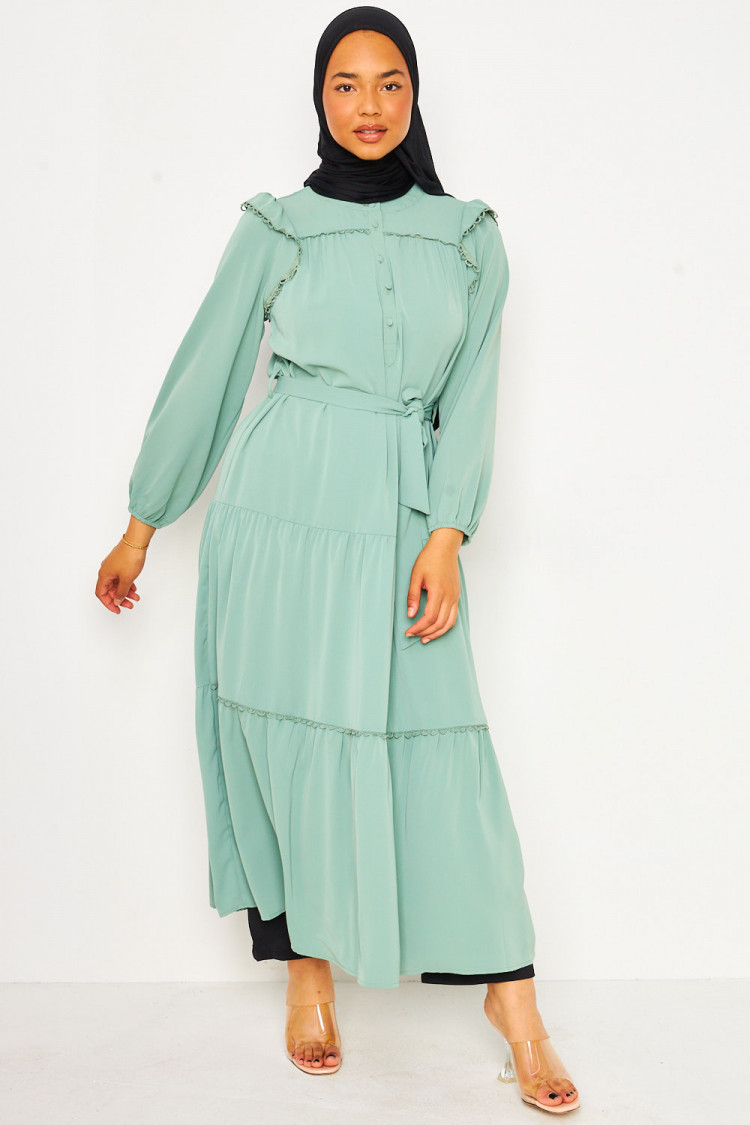 Abaya longue vert clair à détails crochet