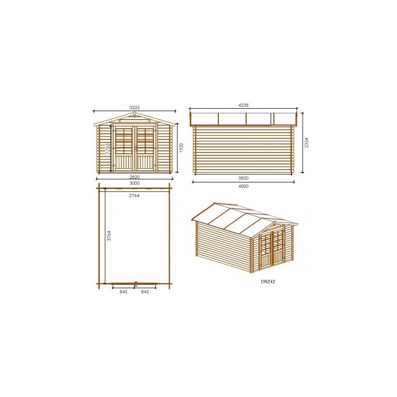 Abri de jardin en bois - 3x4 m - 21 m2 + terrasse avec balustrade et avant-toit en bois