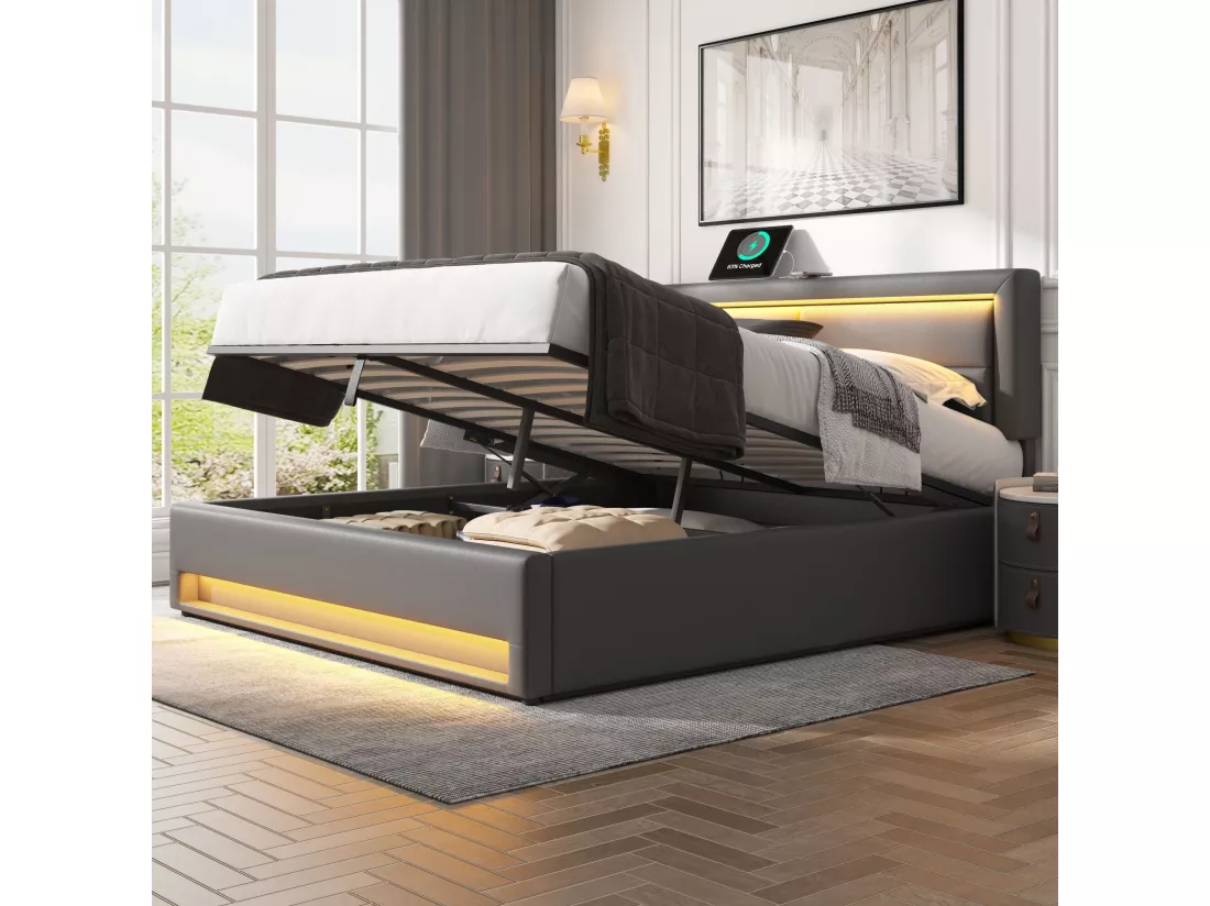 Lit coffre 160x200 cm en similicuir avec LED - avec ports de recharge (filaire & sans fil) - Gris