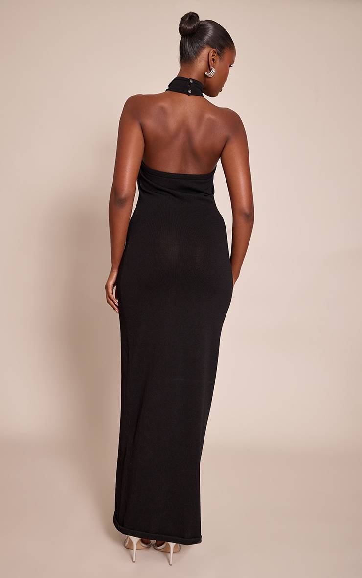 Noir Robe Longue Tricotée Col Licou Avec Détails Contrastants