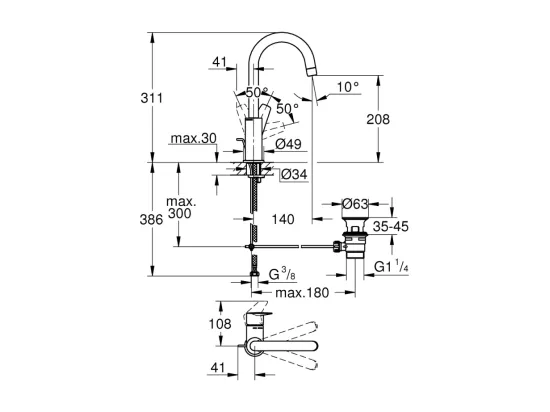 Mitigeur lavabo GROHE Quickfix Start Edge avec tirette et vidage taille L + nettoyant GrohClean