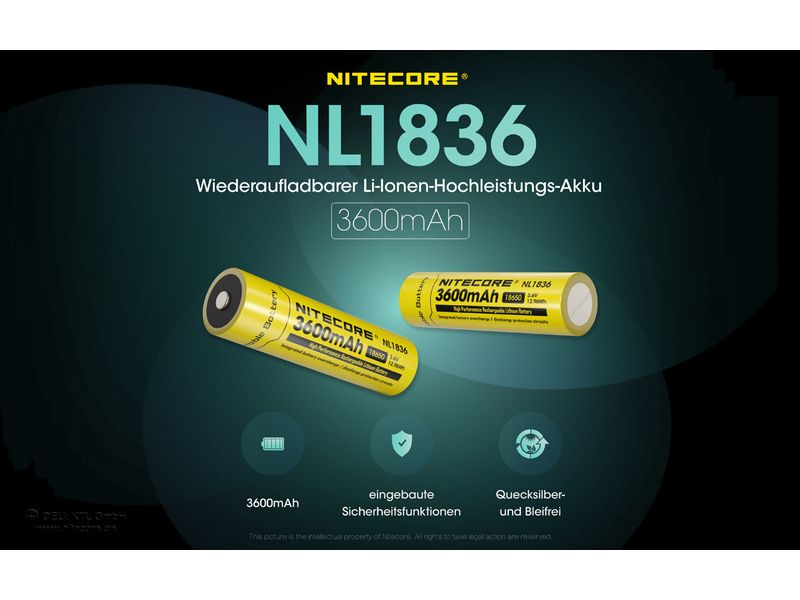 Nitecore Akku NL1836 Li-Ion Typ 18650 3600 mAh, 1 Stück Li-Ion Akku