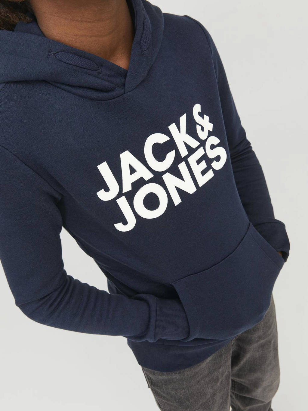 JACK & JONES hoodie JJECORP met logo donkerblauw/wit