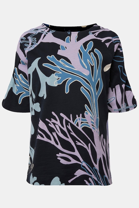 T-Shirt, Korallen-Print, Rundhals, Halbarm mit Raffung