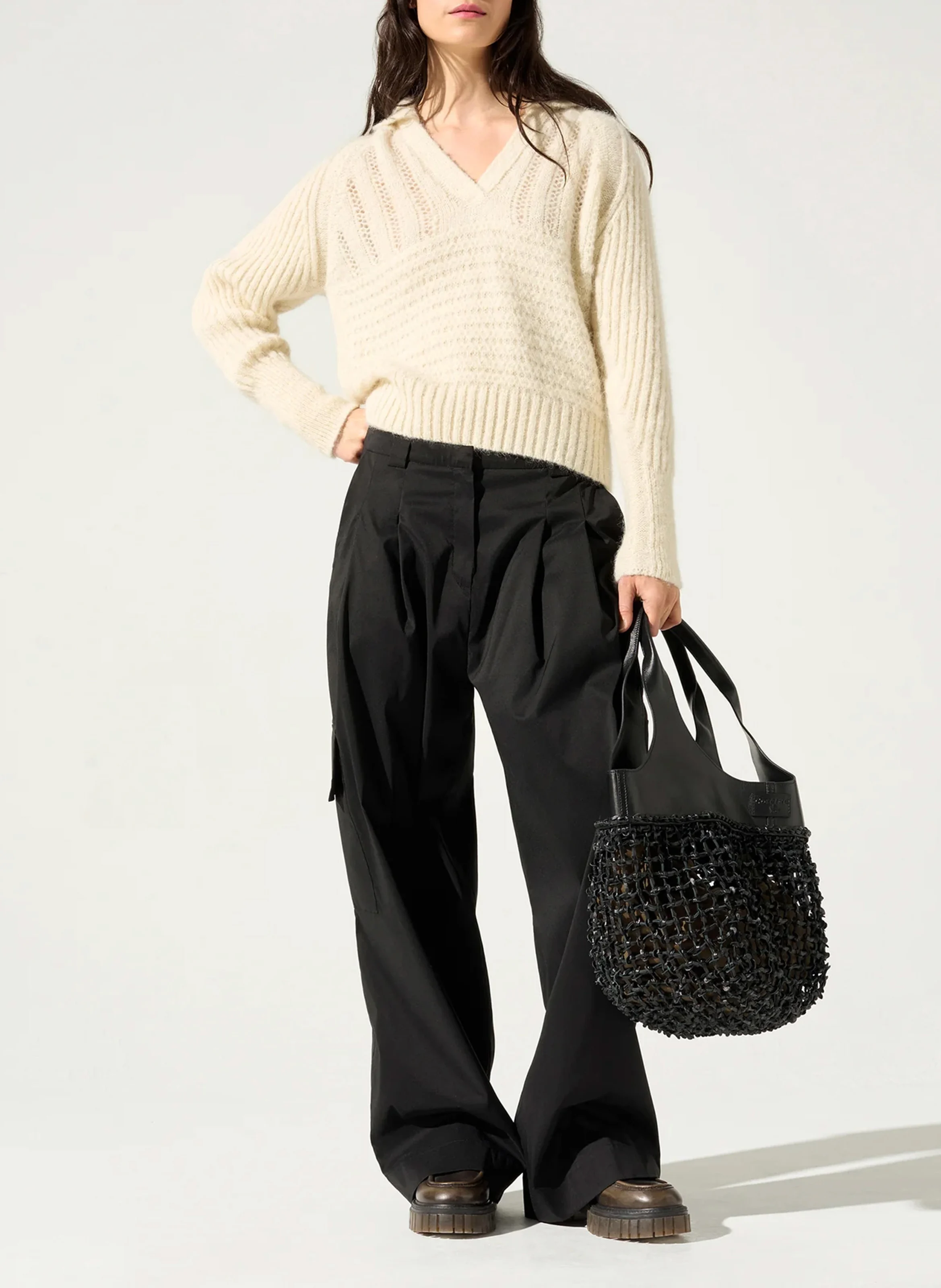 Pantalon large en coton mélangé | Noir