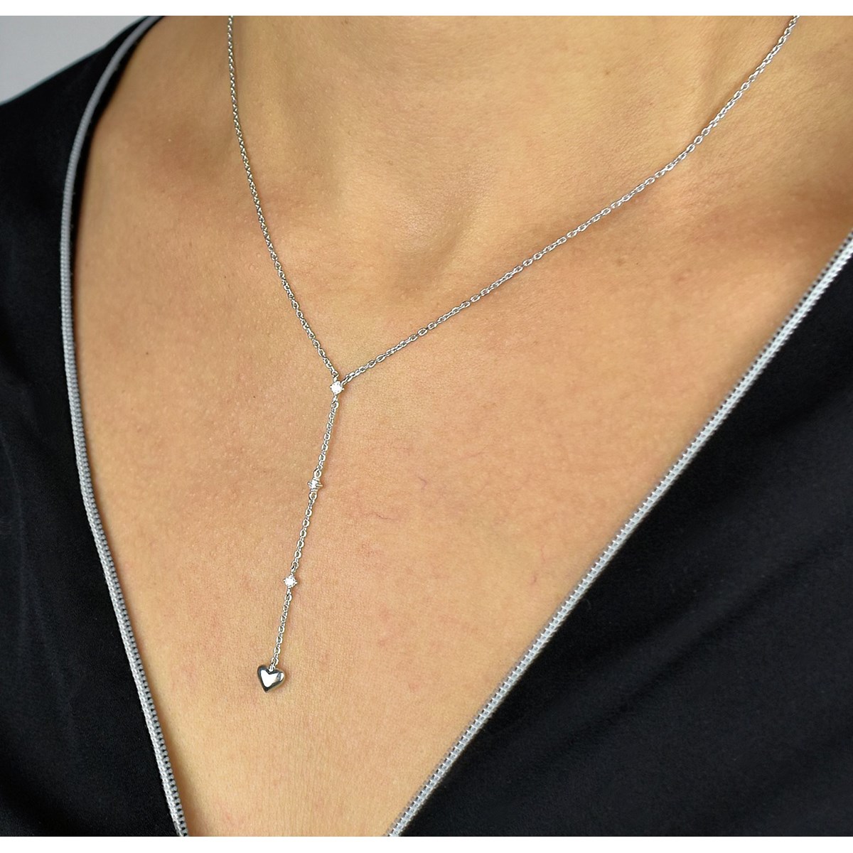 Collier cravate forme en Y coeur oxyde de zirconium Argent 925 Rhodié