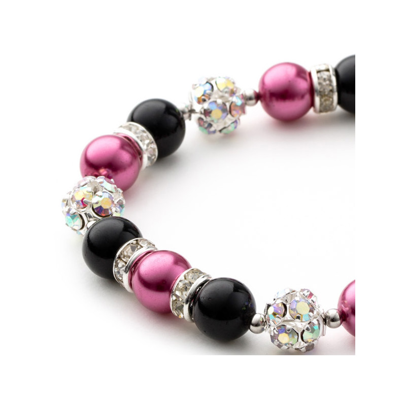 Bracelet 1 Rang en Perles Rose et Noir, Cristal et Plaqué Rhodium