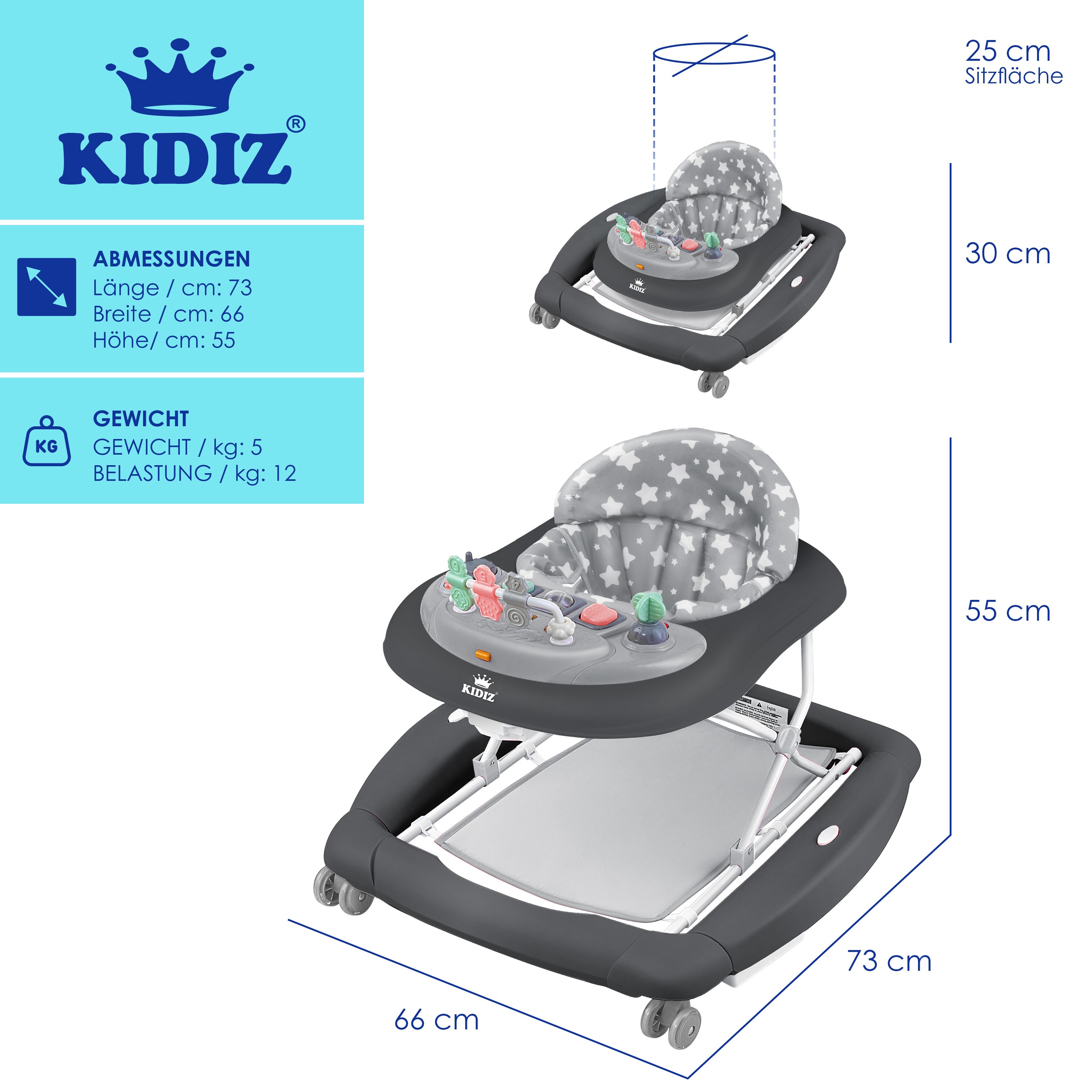 KIDIZ® 4in1 Lauflernhilfe Babywalker Spiel- und Lauflernwagen Gehfrei - Schaukelfunktion Babywippe mit Rollen, Licht, Musik ,Spielecenter Esstisch Laufstuhl Laufhilfe babys ab 6 Monaten Klappbar