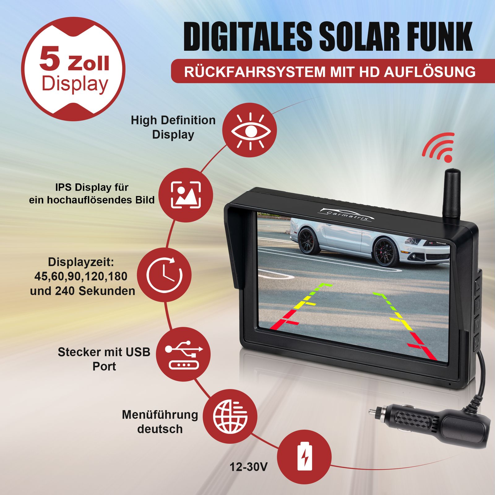 CARMATRIX DUO HD Solar Funk Rückfahrkamera mit 5