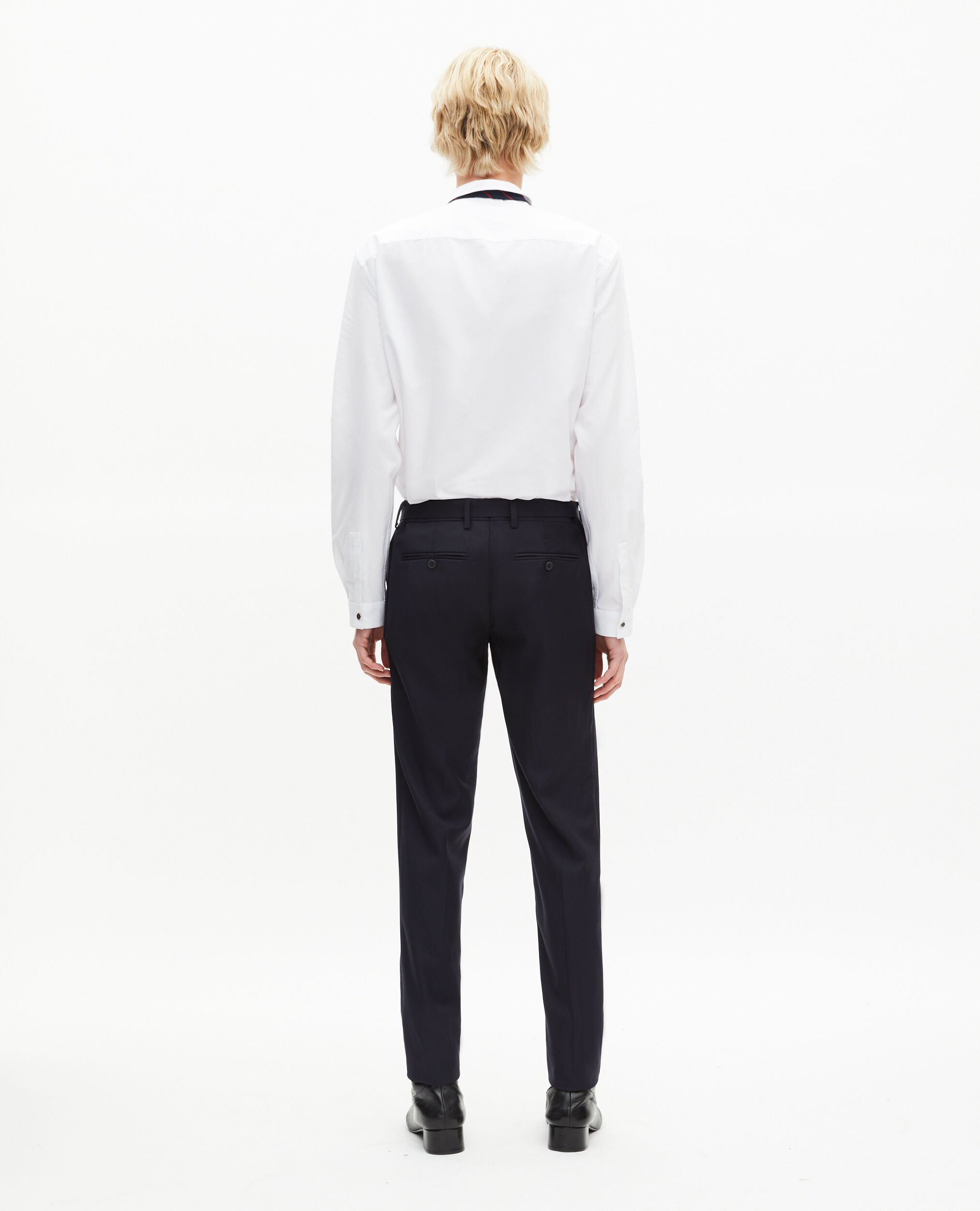 Pantalon de costume en laine à ceinture intégrée bleu coupe ajustée