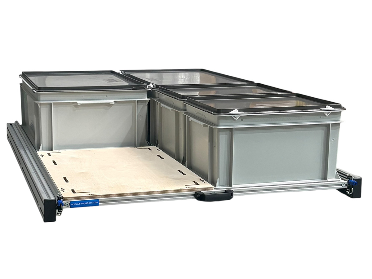 Alu 120 x 80 cm Schuifframe met 4 bakken met deksel en multiplex