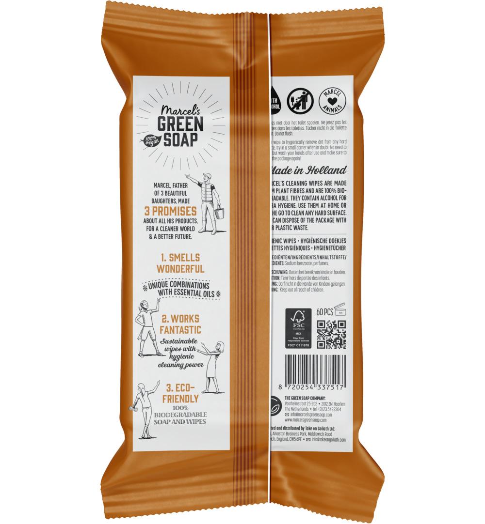 Marcel’s Green Soap cleansing wipes sandelhout & kardemom (60 stuks)