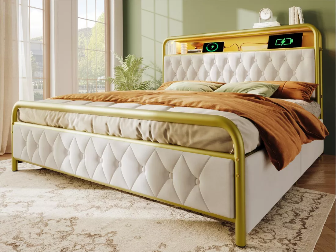 Lit 160x200cm avec tiroirs + LED + Ports de recharge - rembourré en velours - avec sommier en métal - Beige