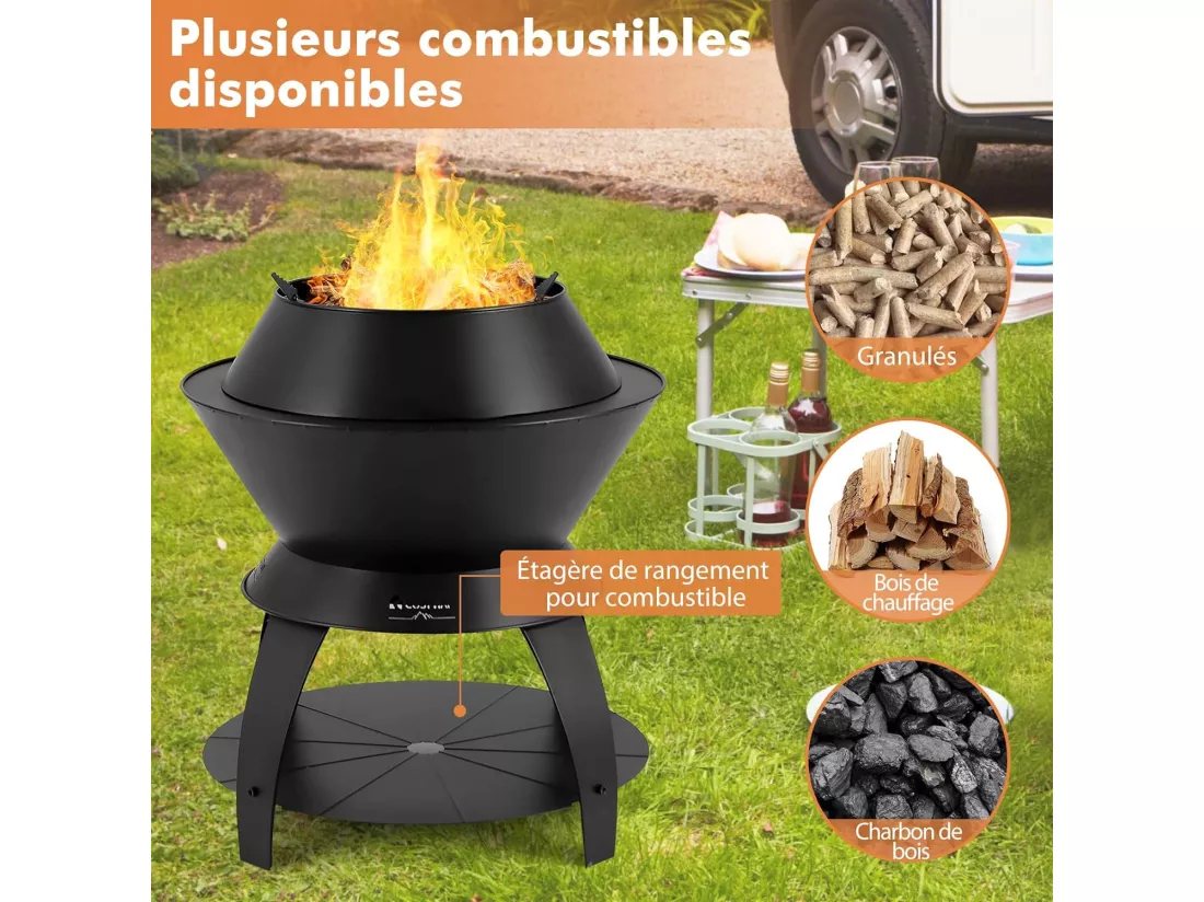 Brasero Foyer de Terrasse 3 en 1 de 50CM, Bol de Feu de CamBoisg en Métal avec Support de Casserole et Étagère de Rangement, Combustion sans Fumée Enrichie en Oxygène