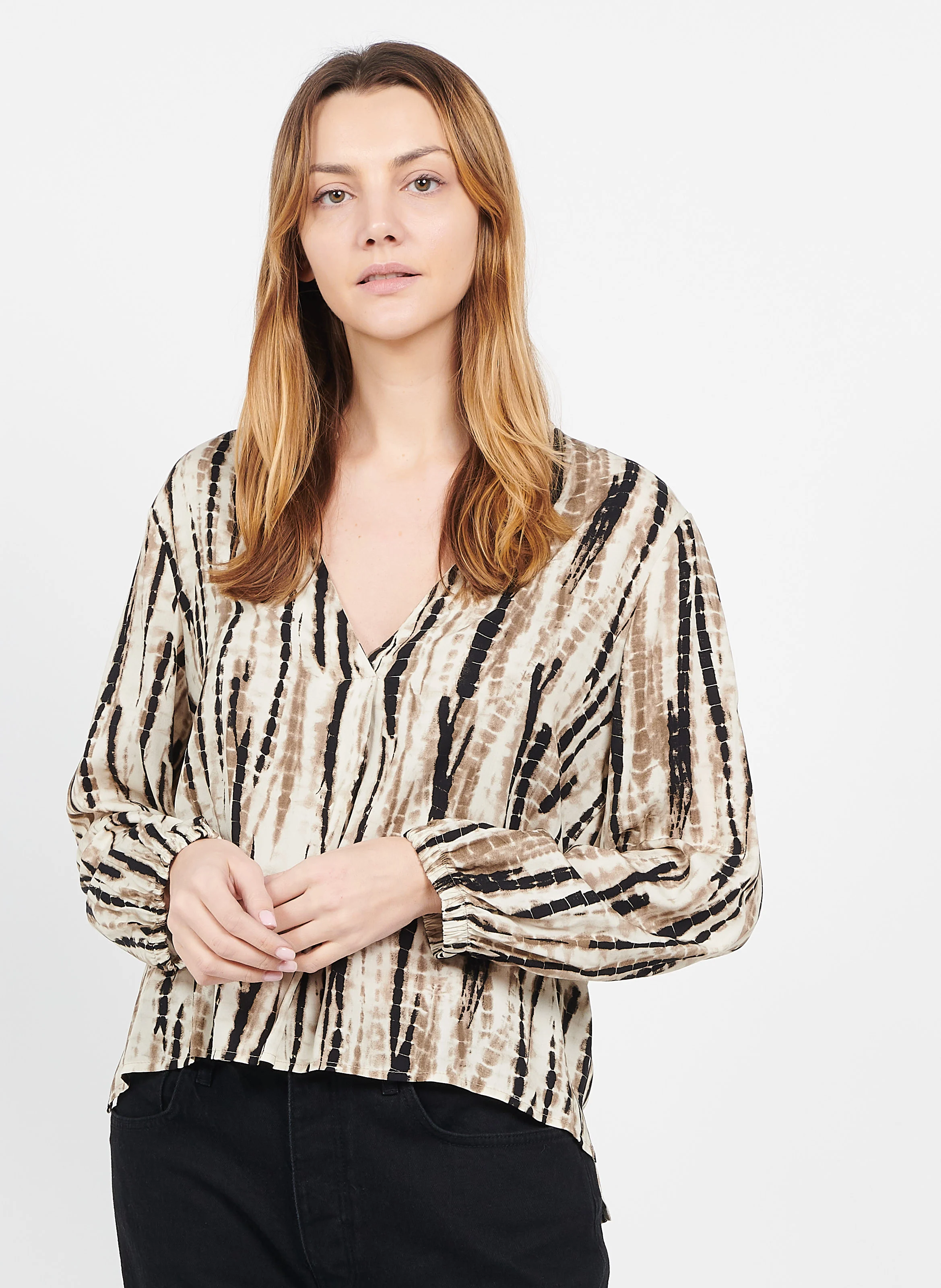 Blouse imprimée à Col V Profond en viscose| Beige