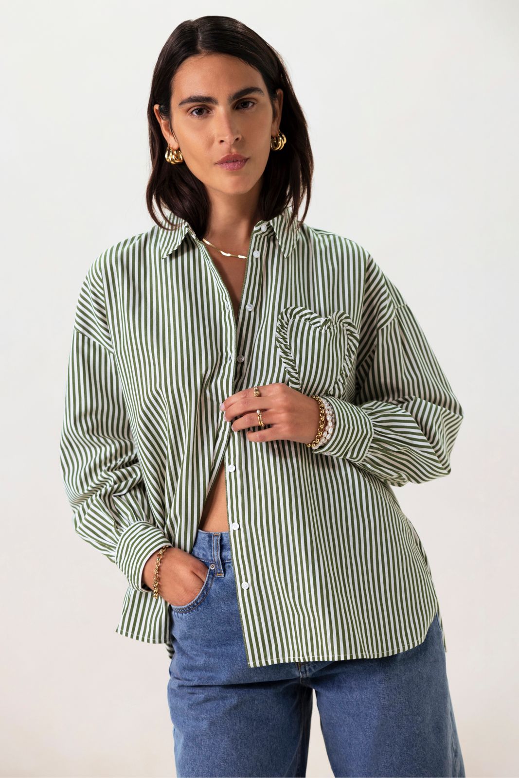 Groene gestreepte poplin blouse