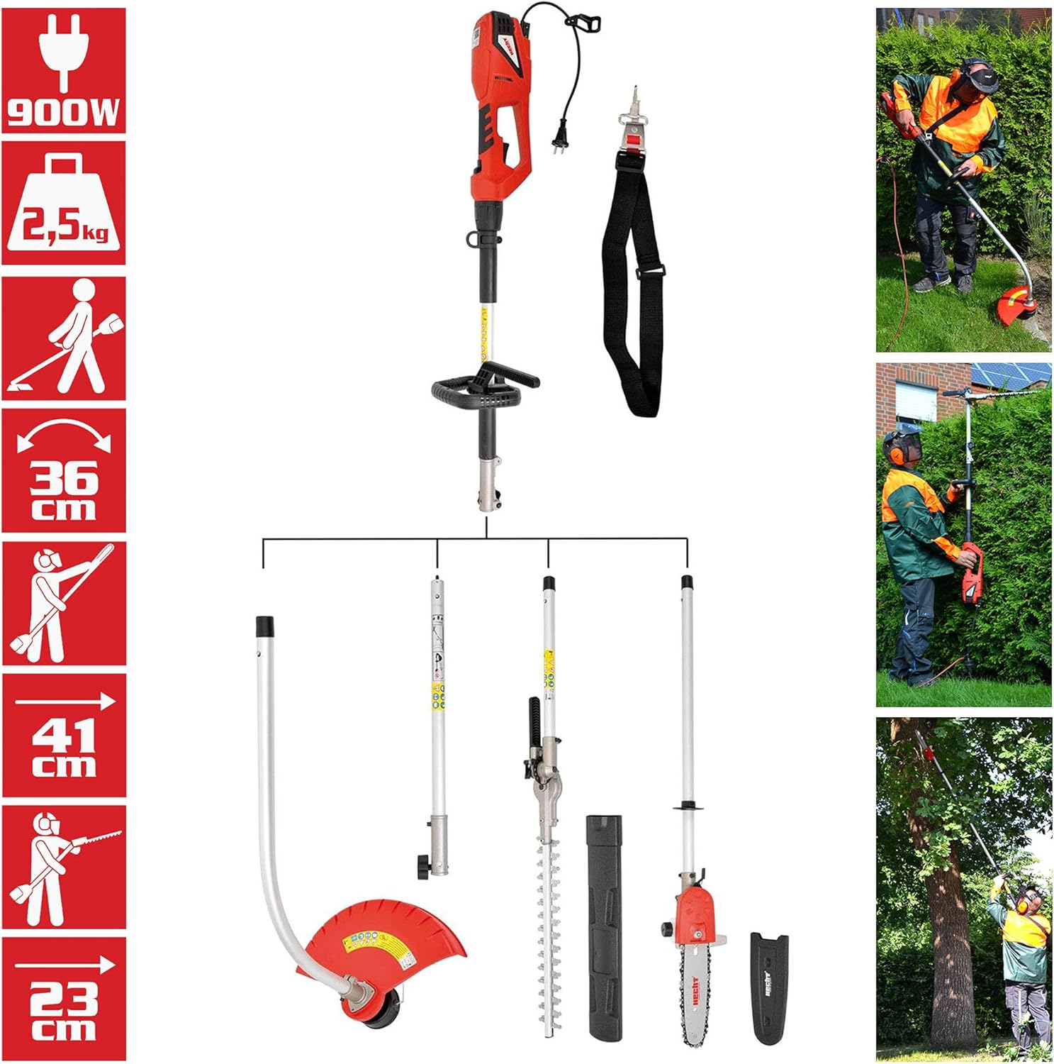 HECHT 3 -IN-1 Elektro Multifunktionsgerät – Rasentrimmer, Hochentaster und Heckenschere in Einem – 900 Watt Starke Gartenwerkzeuge im Set mit Verlängerung für den Garten (Hecht Multitool Rot)
